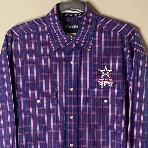 Wrangler Pearl Snap Shirt Med-Large National Patriot Logo Blue Plaid Rodeo Star - Picture 3 of 12